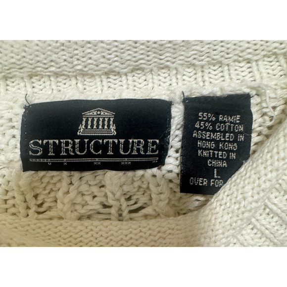 VINTAGE Fisherman Sweater Structure Roll neck Ivory mens L 90s cable knit cotton - Picture 4 of 8